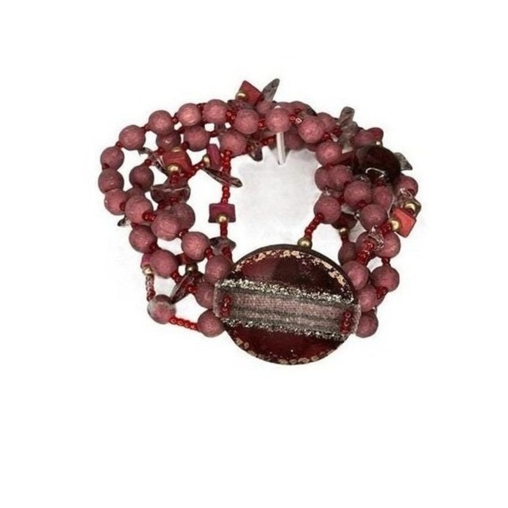 Vintage Statement Beaded Bracelet Red Pink Silver Wood Plastic Center Accent‎